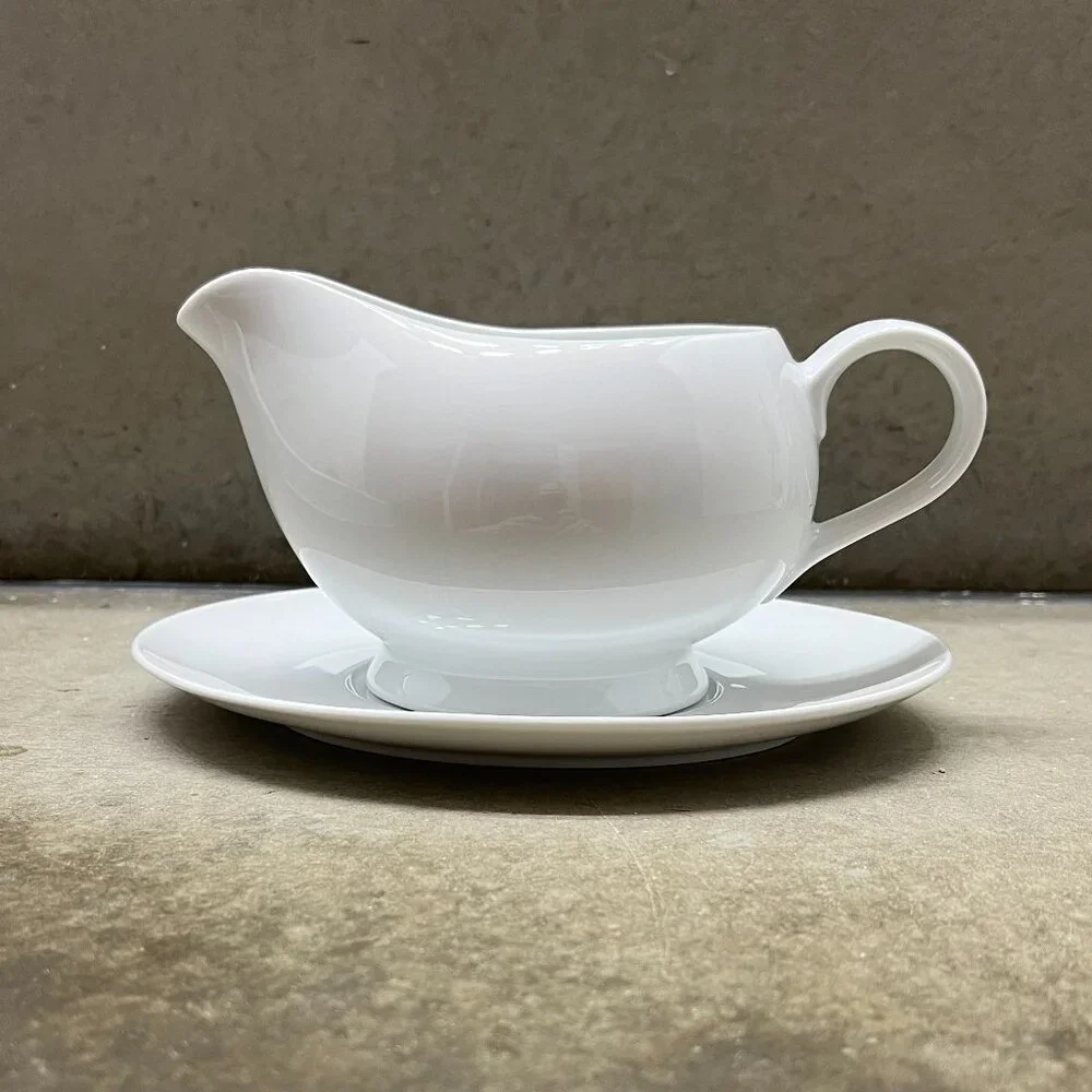 Crate&Barrel White Porcelain Gravy Boat and Saucer